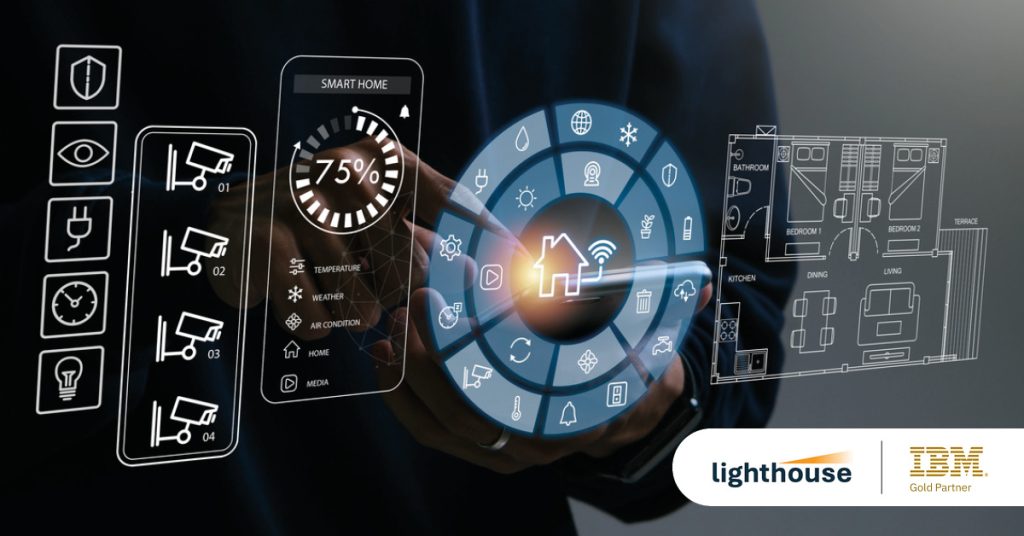 Main: A person controlling a digital thermostat screen. Overlay: Lighthouse Technology and IBM Gold Partner logos.