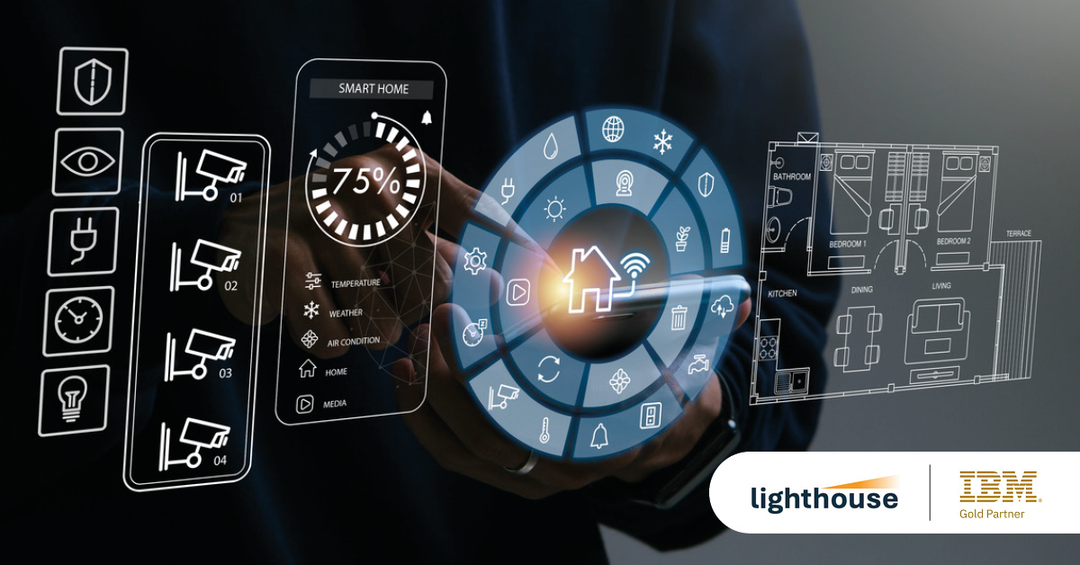 Main: A person controlling a digital thermostat screen. Overlay: Lighthouse Technology and IBM Gold Partner logos.