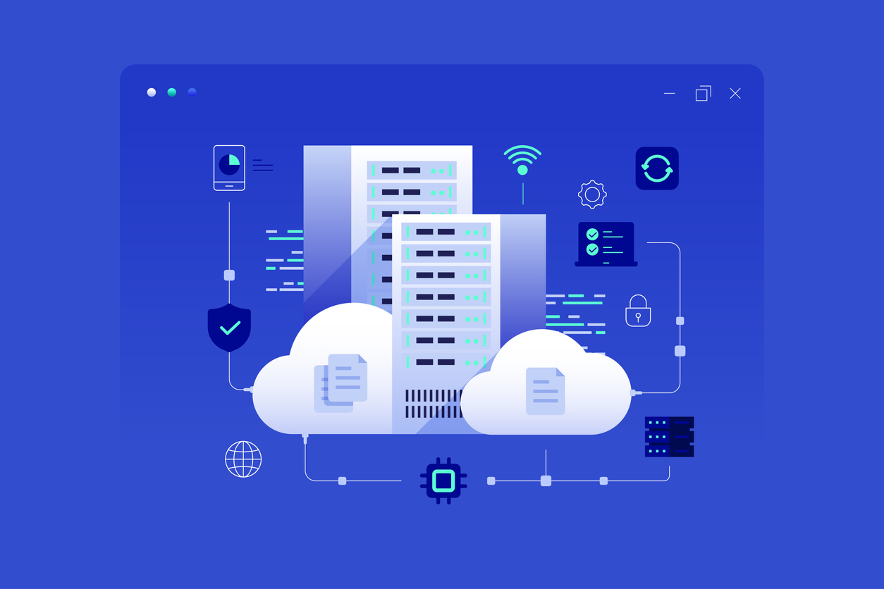 A graphic demonstrating a cloud data centre and cloud concept illustration.