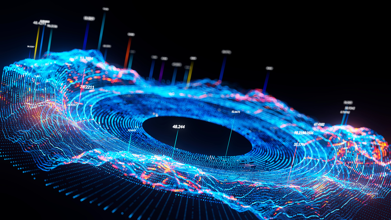 3D abstract visualization of data flow and modern technology in circle graph form.