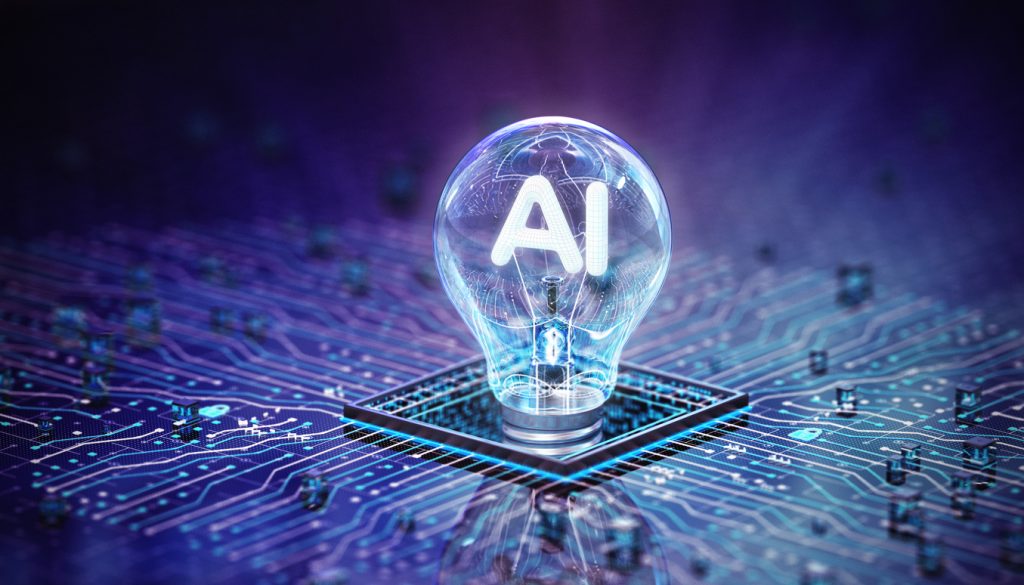 A lightbulb resting on a microchip with the letters, 'AI', lit up inside.