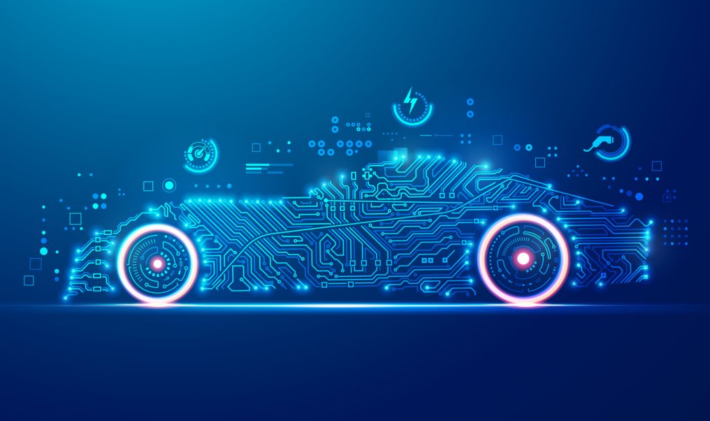 An outline of car, demonstrated by data, analytics and circuitboards.