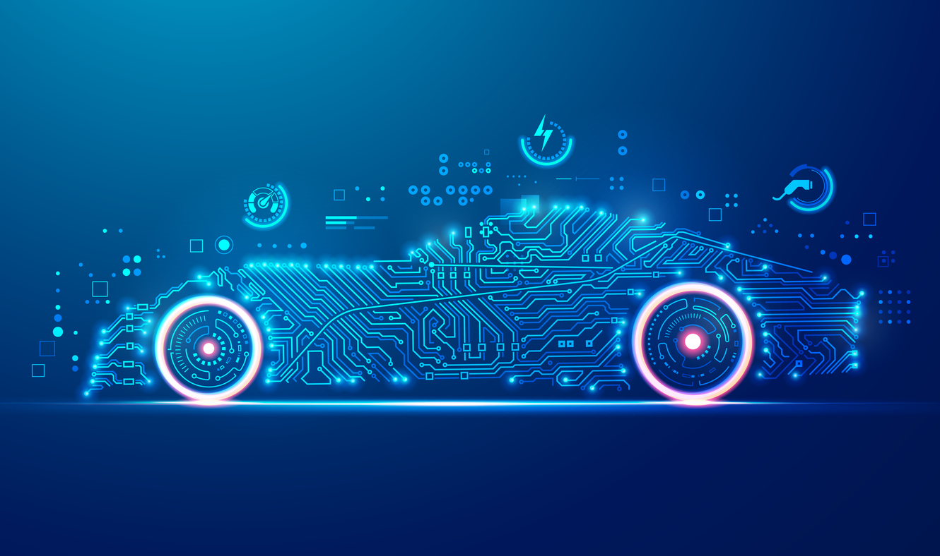 An outline of car, demonstrated by data, analytics and circuitboards.