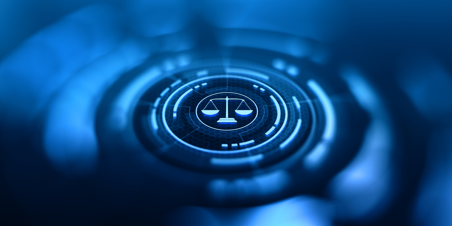 Digitised legal scales representing law and governance.