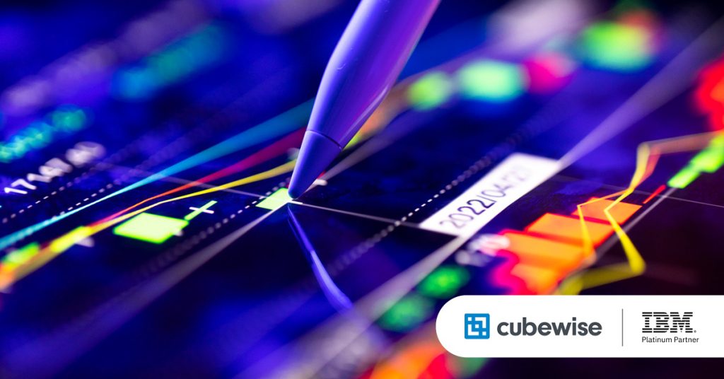 Main: A digital pen touches a data and planning analytics dashboard. Inset: Cubewise and IBM Platinum Partner logos.