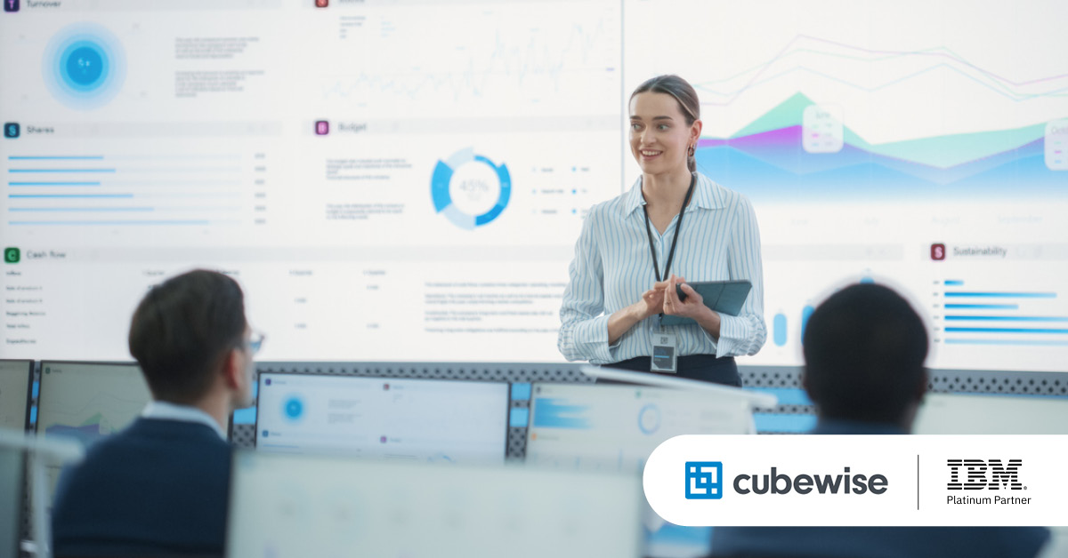 Main: An employee gives a data and planning analytics presentation. Inset: Cubewise and Planning Analytics logos.