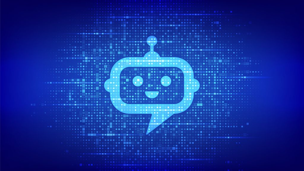 Robot chatbot head icon sign made with binary code.
