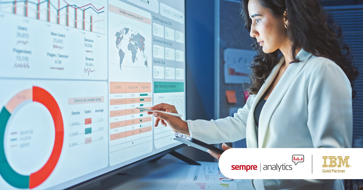 Main: An employee navigates a planning analytics dashboard. Inset: Sempre Analytics and IBM Gold Partner logos.