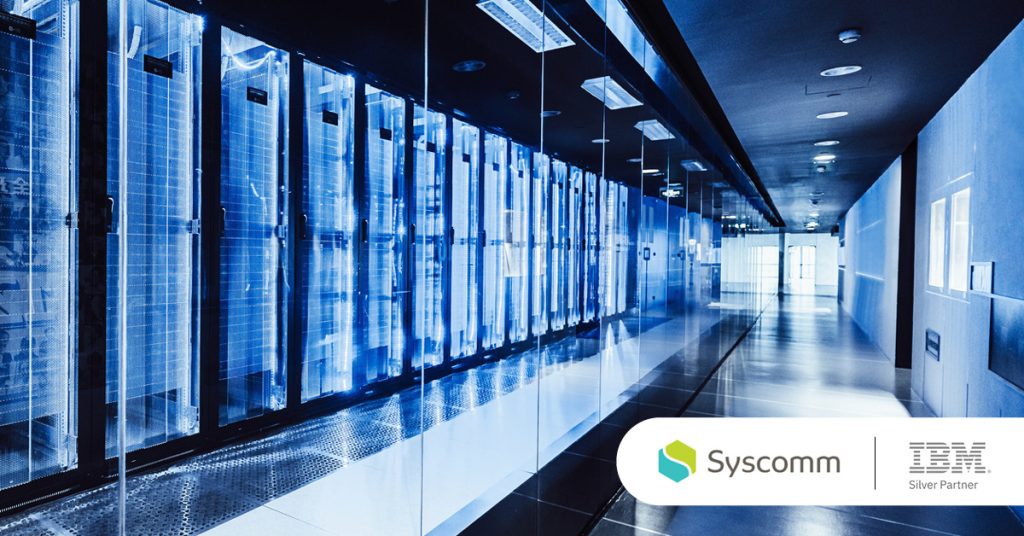 Main: A storage and computer data centre. Inset: Syscomm logo and IBM silver partner logo.