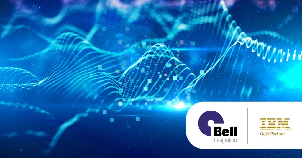 Main: Digitised blue waves and pixels. Inset: Bell Integration and IBM Gold Partner logos.
