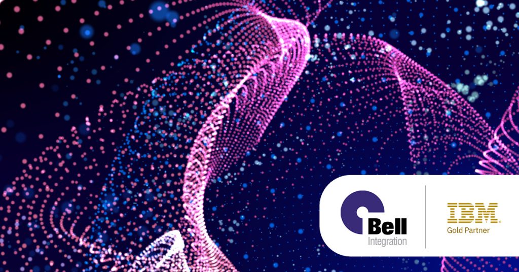 Main: Flowing purple and blue digital dots. Inset: Bell Integration and IBM Gold Partner logos.