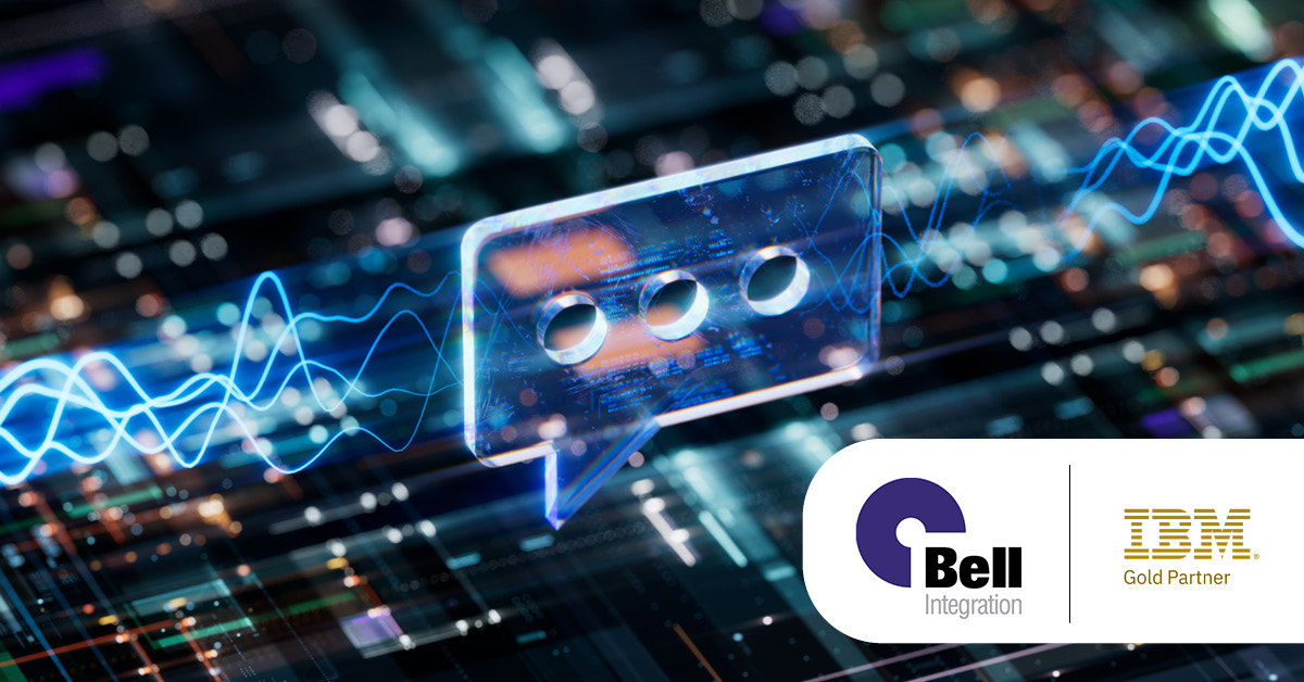 Main: Message icon surrounded by digital waves and technology. Inset: Bell Integration Logo and IBM Gold Partner Logo.