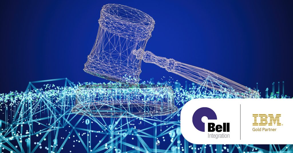Main: Digitised gavel and block. Inset: Bell Integration and IBM Gold Partner logos.
