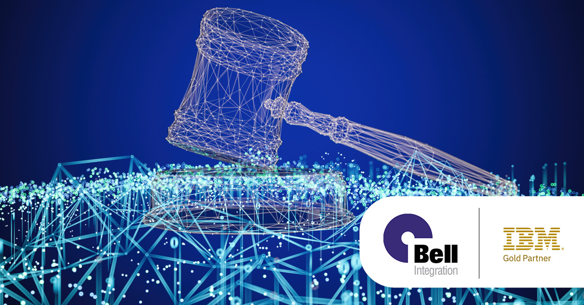 Main: Digitised gavel and block. Inset: Bell Integration and IBM Gold Partner logos.