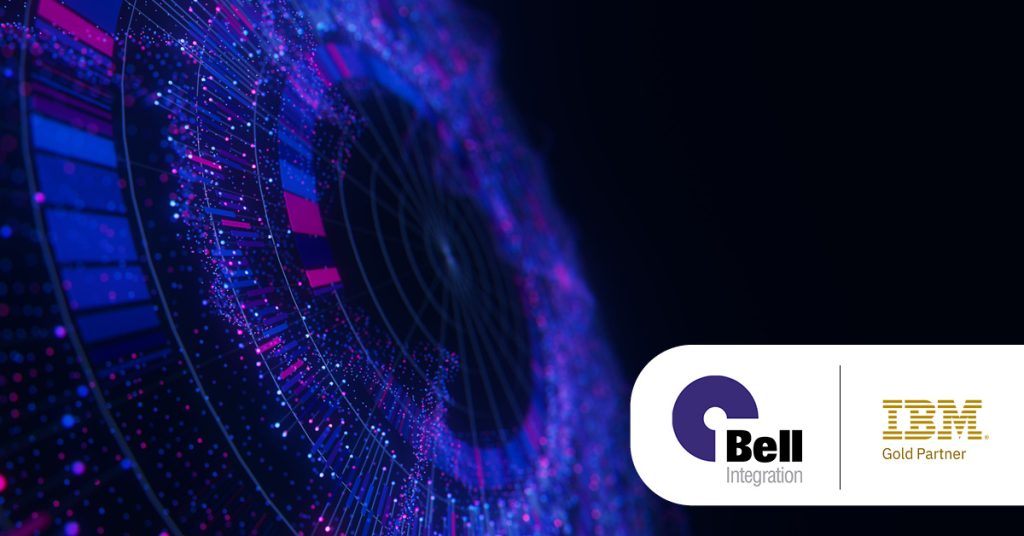 Main: Digital purple circle representing an AI model. Inset: Bell Integration and IBM Gold Partner logos.