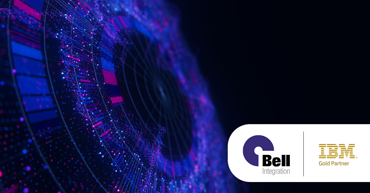 Main: Digital purple circle representing an AI model. Inset: Bell Integration and IBM Gold Partner logos.