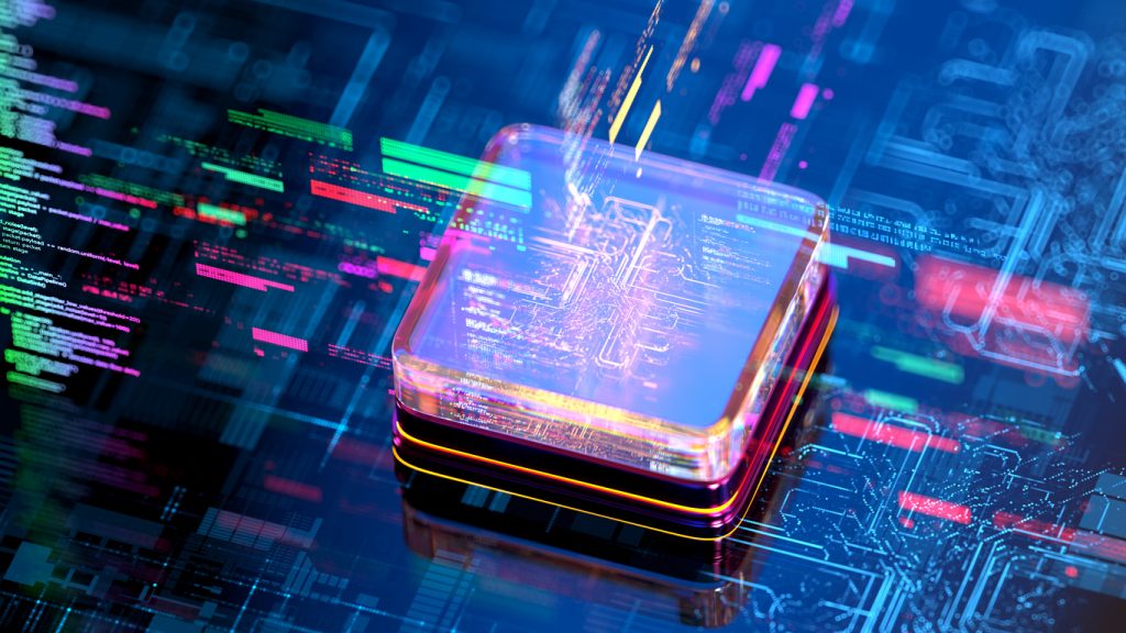 Abstract CPU with flowing data representing machine learning, artificial intelligence, and large language model LLM digital concepts.