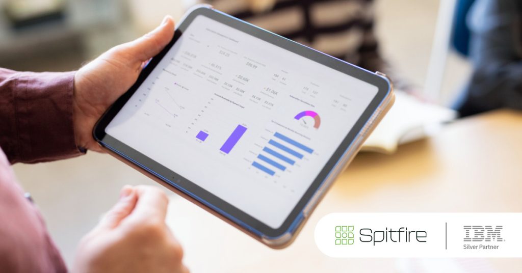 Main: A planning analytics dashboard shown on a handheld device. Inset: Spitfire Analytics and IBM Silver Partner logos.