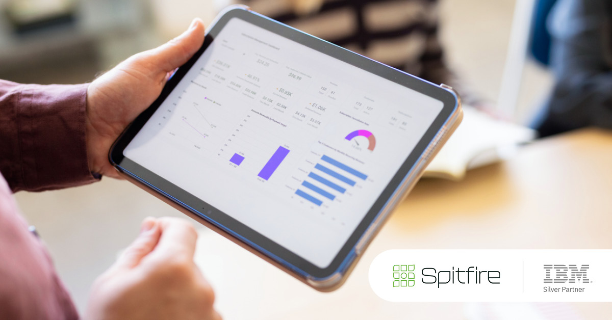 Main: A planning analytics dashboard shown on a handheld device. Inset: Spitfire Analytics and IBM Silver Partner logos.