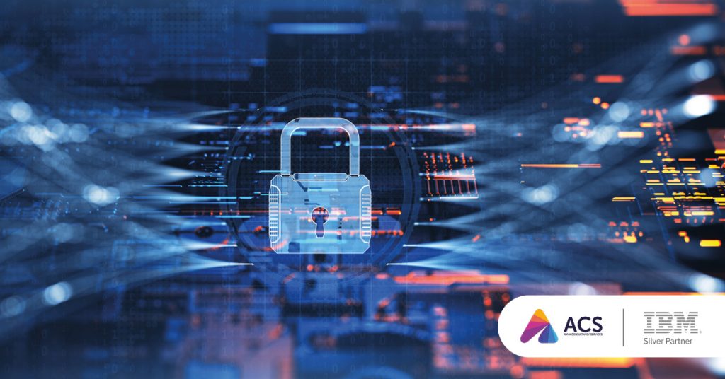 Main: Digitised security logo on top of a microchip and interconnected with other digital areas. Inset: Anya Consultancy Services Logo and IBM Silver Partner Logo.
