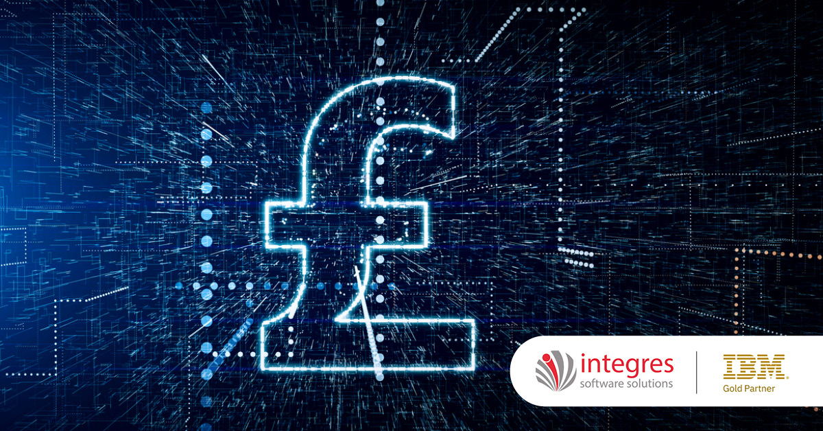 Main: A digital GBP sign. Inset: Integres Software Solutions and IBM Gold Partner logos.