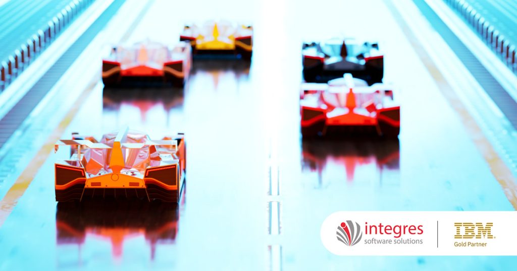 Main: Five cars jostling for position on a race track. Inset: Integres Software Solutions and IBM Gold Partner Logos.