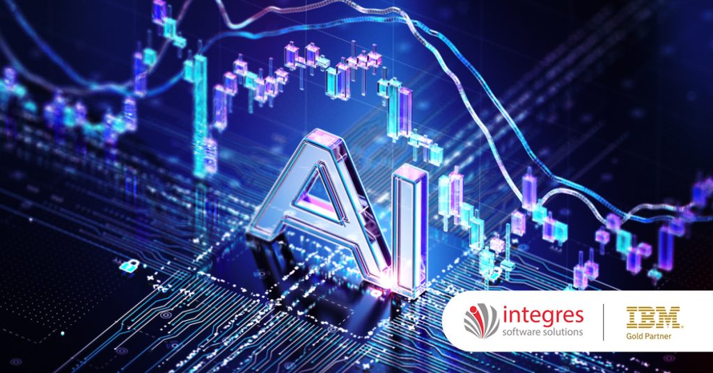 Main: The letters, 'AI', surrounded by a digital graph. Inset: Integres Software Solutions and IBM Gold Partner logos.