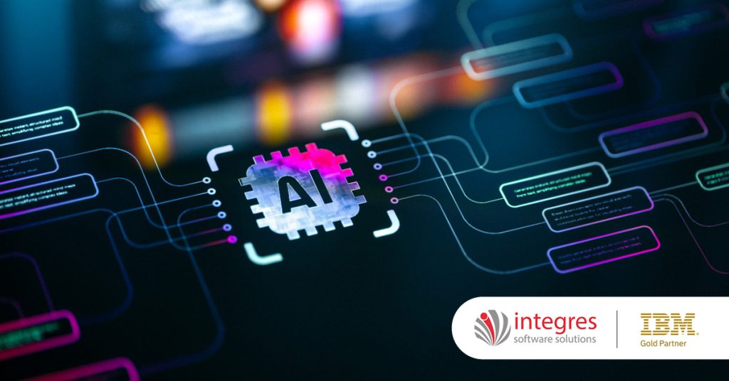 Main: An 'AI' microchip connected to other information boxes. Inset: Integres Software Solutions and IBM Gold Partner logos.