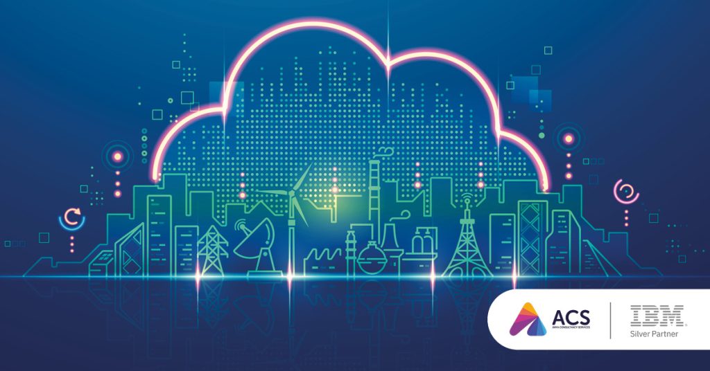Main: A digital cloud hanging over a utilities framework, featuring a wind turbine and electricity pylons. Inset: Anya Consultancy Services and IBM Silver Partner logos.