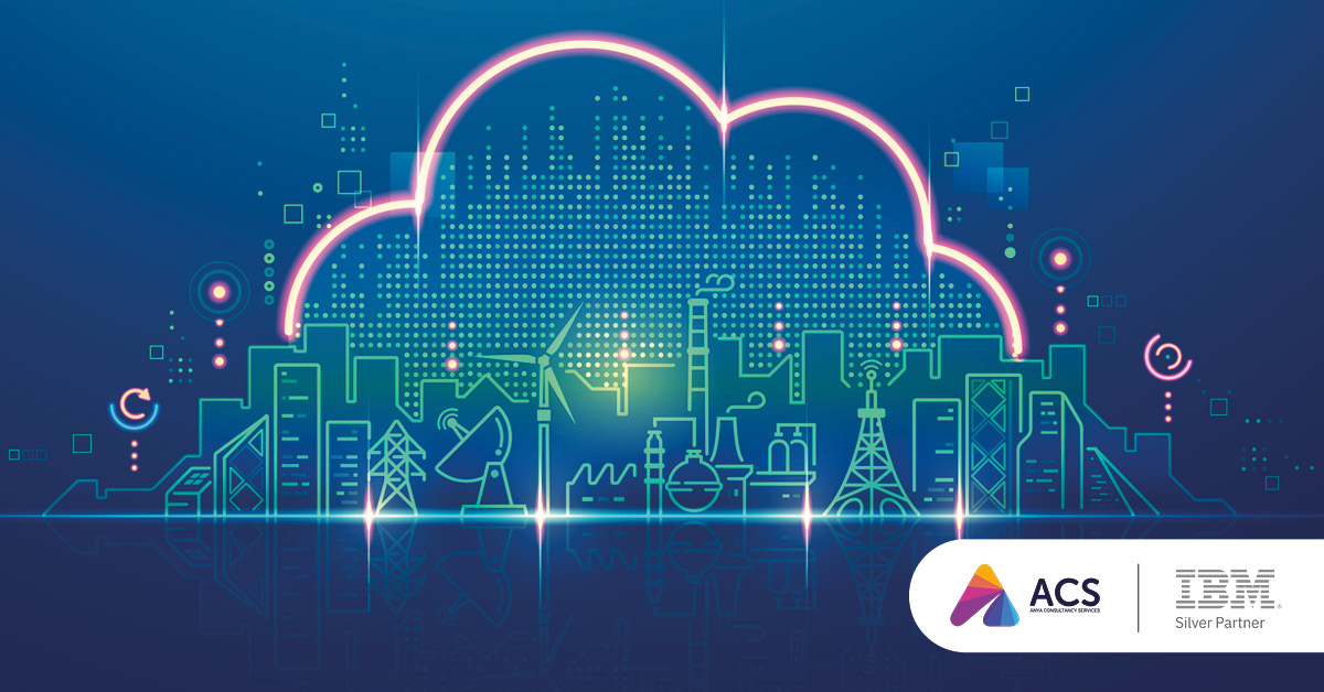 Main: A digital cloud hanging over a utilities framework, featuring a wind turbine and electricity pylons. Inset: Anya Consultancy Services and IBM Silver Partner logos.