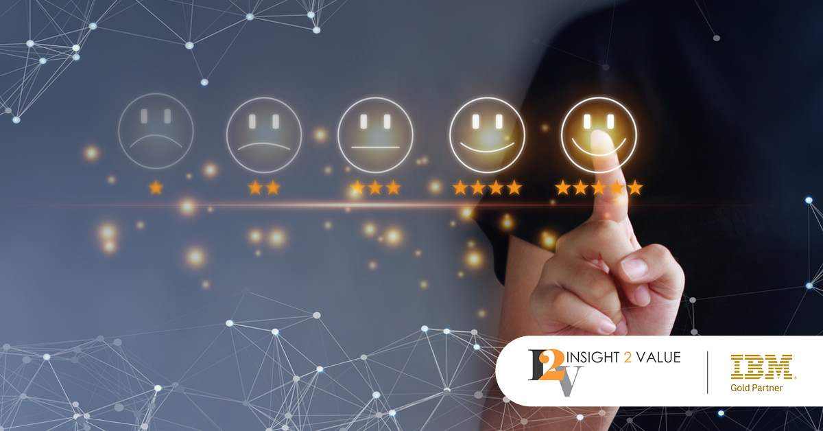 Main: Customer feedback selection from one star to five stars. Inset: Insight 2 Value and IBM Gold Partner Logos.