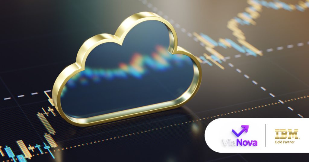 Main: A cloud logo sat atop a graph indicating increasing costs. Inset: ViaNova and IBM Gold Partner logos.