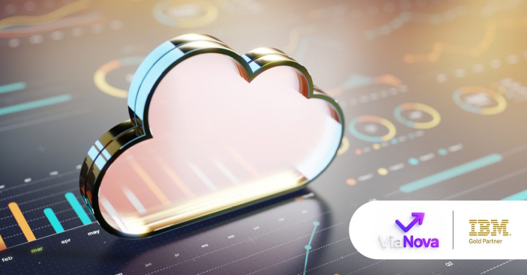 Main: Cloud logo sat atop a planning analytics and financial dashboard. Inset: ViaNova and IBM Gold Partner logos.