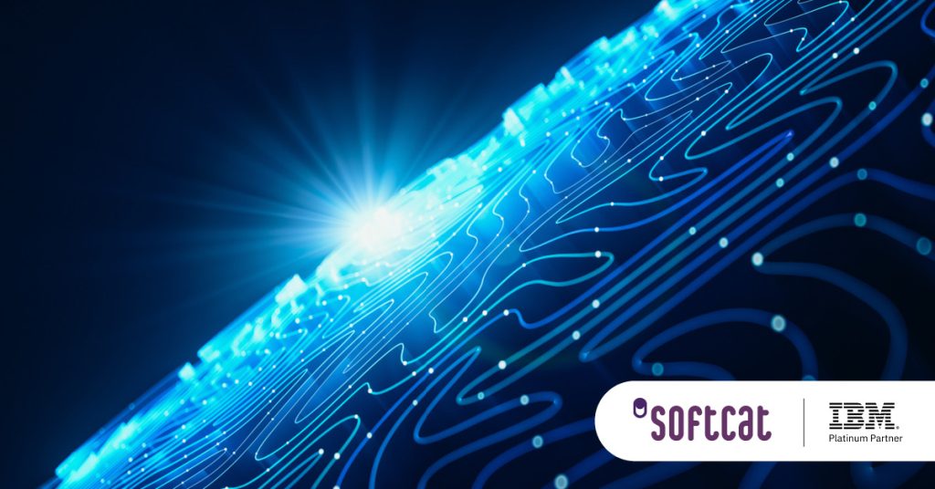 Main: Digital blue waves with a bright light on the horizon. Inset: Softcat and IBM Platinum Partner logos.