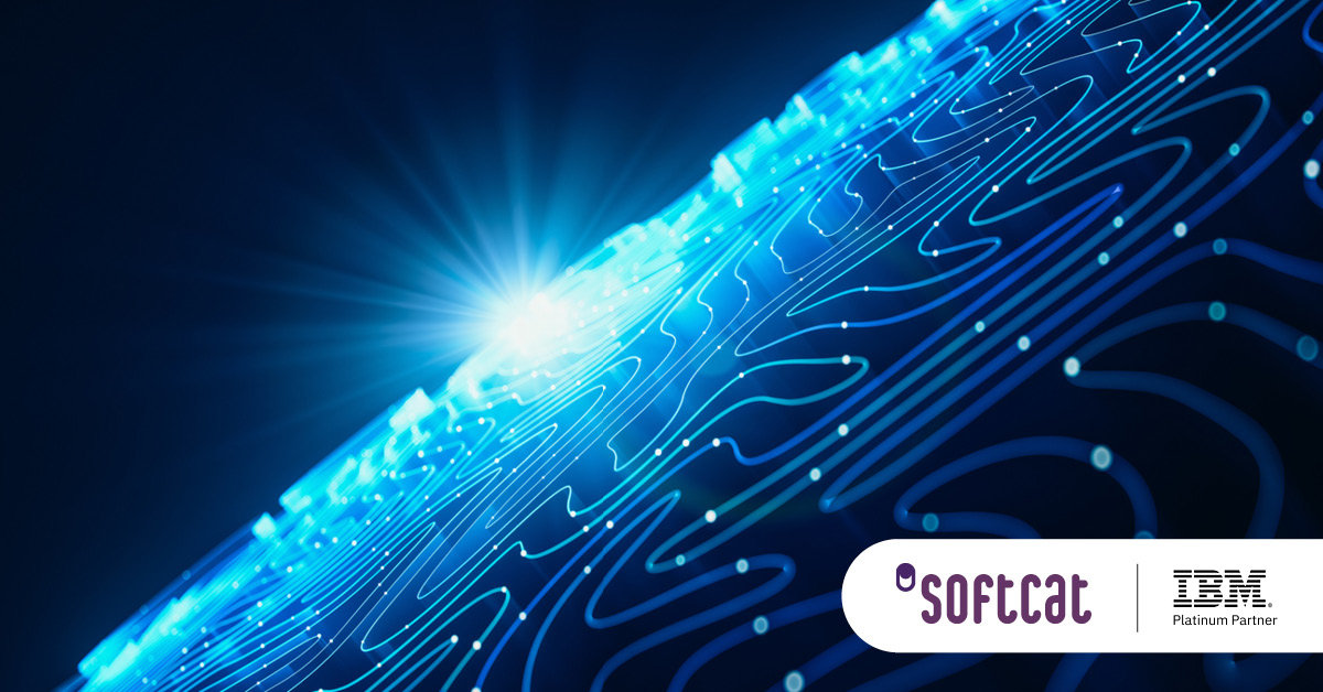 Main: Digital blue waves with a bright light on the horizon. Inset: Softcat and IBM Platinum Partner logos.