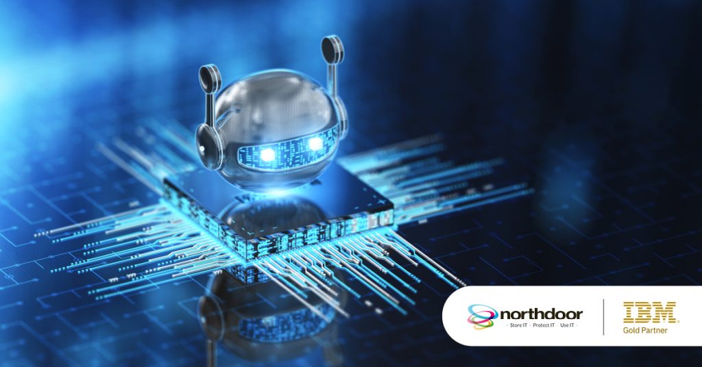 Main: AI Bot on top of a digital square. Inset: Northdoor and IBM Gold Partner Logos.