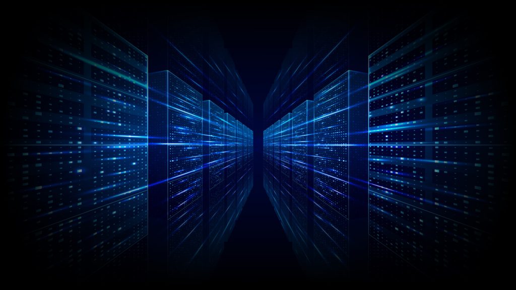 Abstract data server center room with AI cloud internet network, glowing rack systems and digital tech environment, futuristic computer background with flowing data connections and blue light.