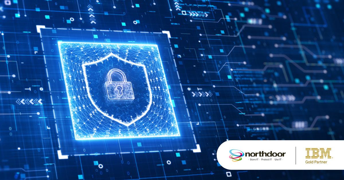 Main: Digital security icon indicating database security. Inset: Northdoor and IBM Gold Partner logos.