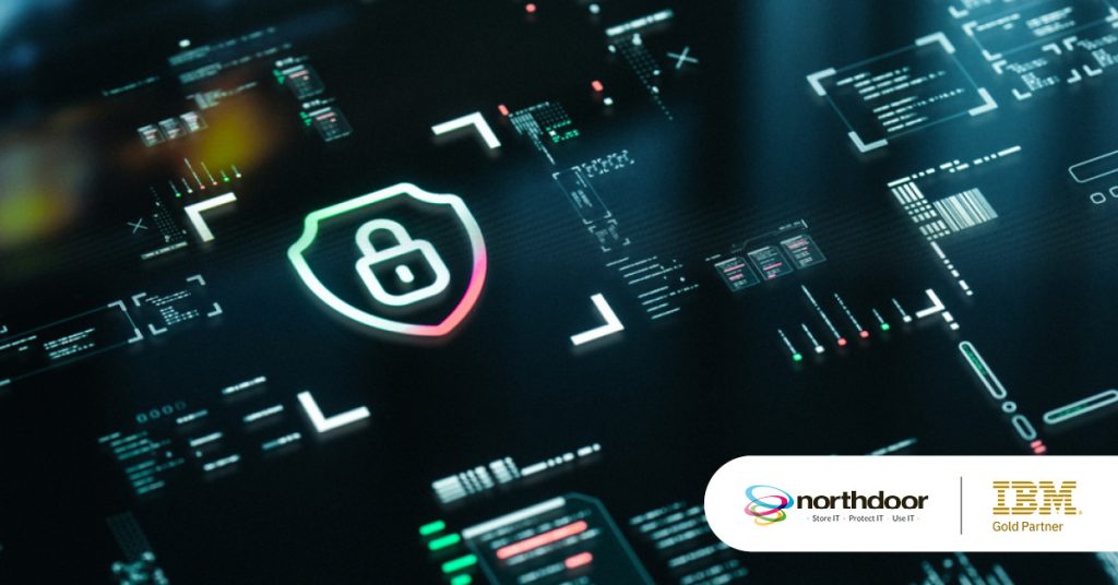 Main: Database monitoring dashboard with a security icon in the centre. Inset: Northdoor and IBM Gold Partner logos.