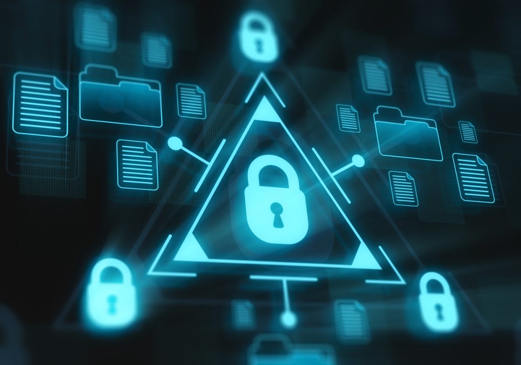 A centred digital padlock, connected to three other padlocks and associated digital files, emphasising security.