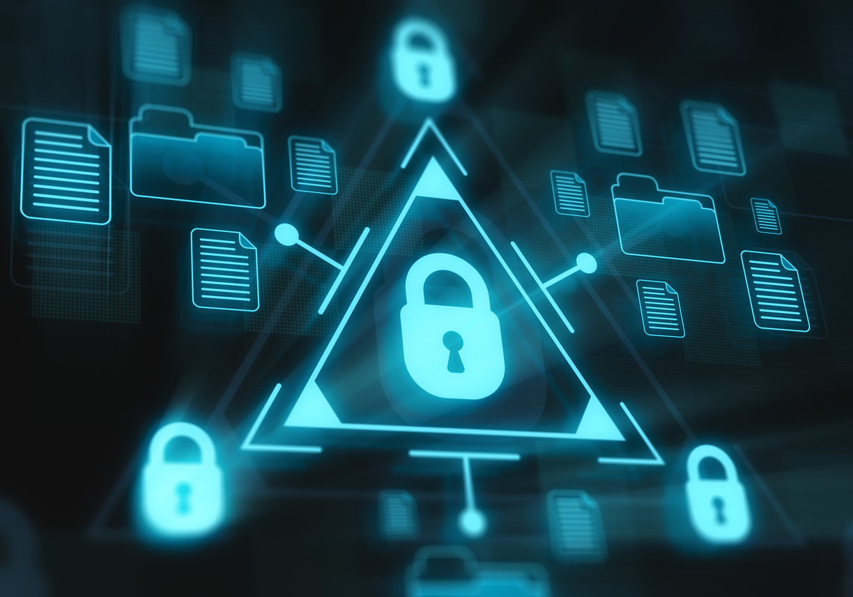 A centred digital padlock, connected to three other padlocks and associated digital files, emphasising security.