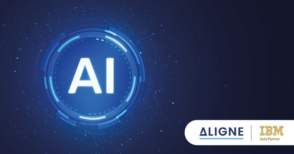 Main: AI letters inside a digital button. Inset: Aligne AI and IBM Gold Partner logos.