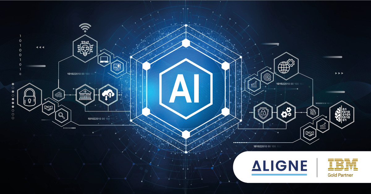 Main: Digital AI symbol surrounded by elements representing security, governance, and settings. Inset: Aligne and IBM Gold Partner logos.