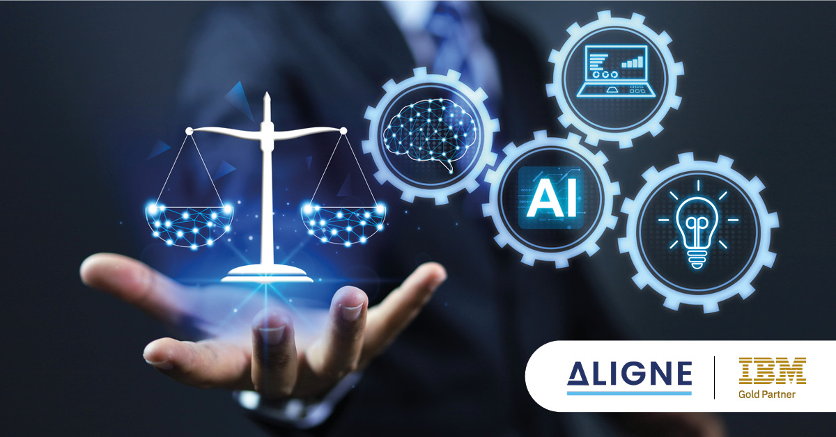 Digital scales representing AI governance, held in the hand of a legal professional. Inset: Aligne AI and IBM Gold Partner logos.