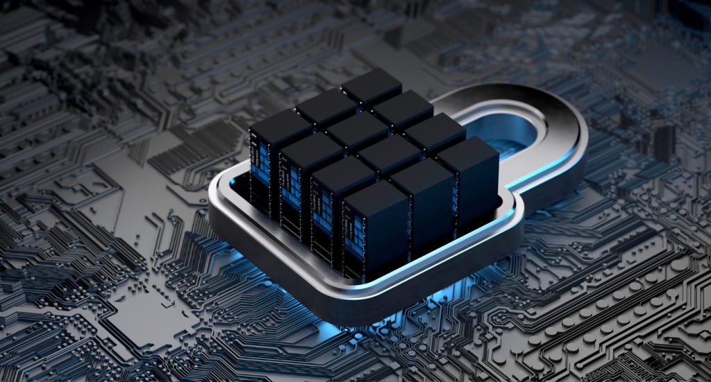 Cyber security concept, with a computer storage facility atop a padlock.