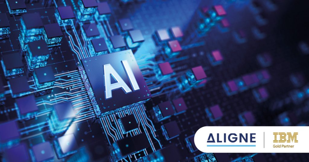 Main: An AI chip. Inset: Aligne AI and IBM Gold Partner logos.