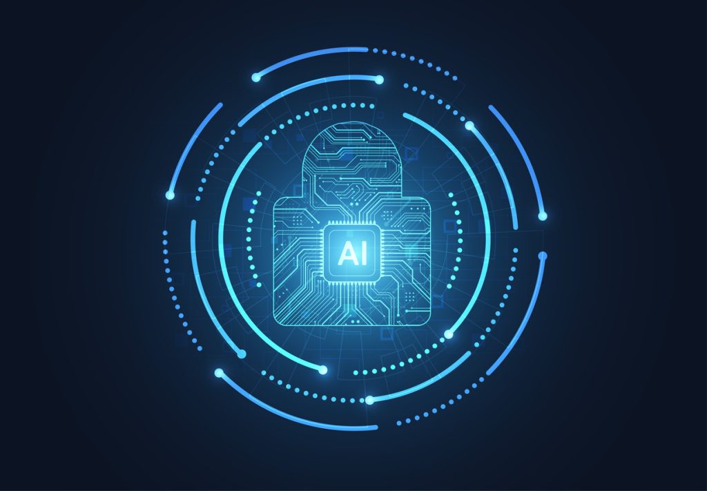 An AI chip secured inside a digital padlock and circular zone.