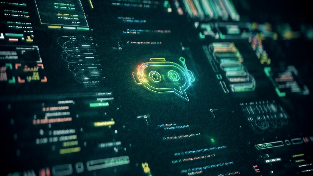 AI agent on a digital screen running codes and technological processes.