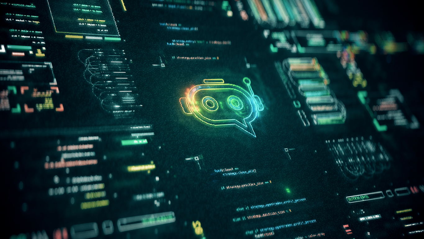 AI agent on a digital screen running codes and technological processes.