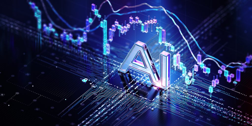 An AI chip surrounded by stock market peaks and troughs.